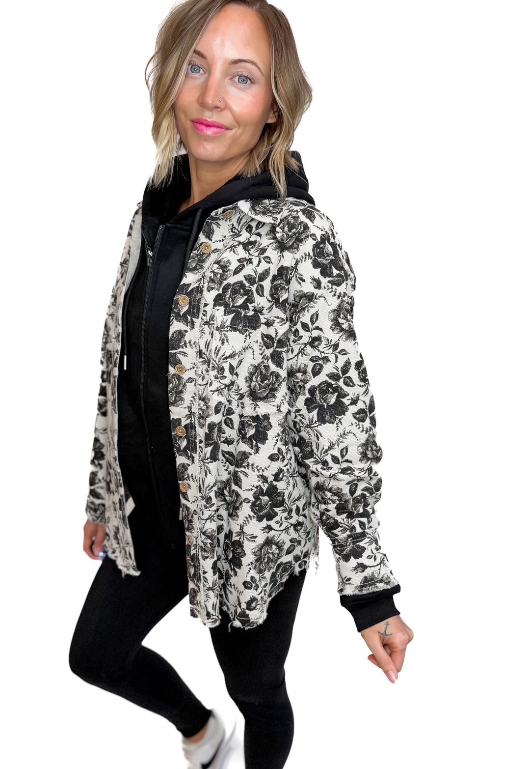 Rosette Vintage Rose Twill Shacket- GREY/BLACK