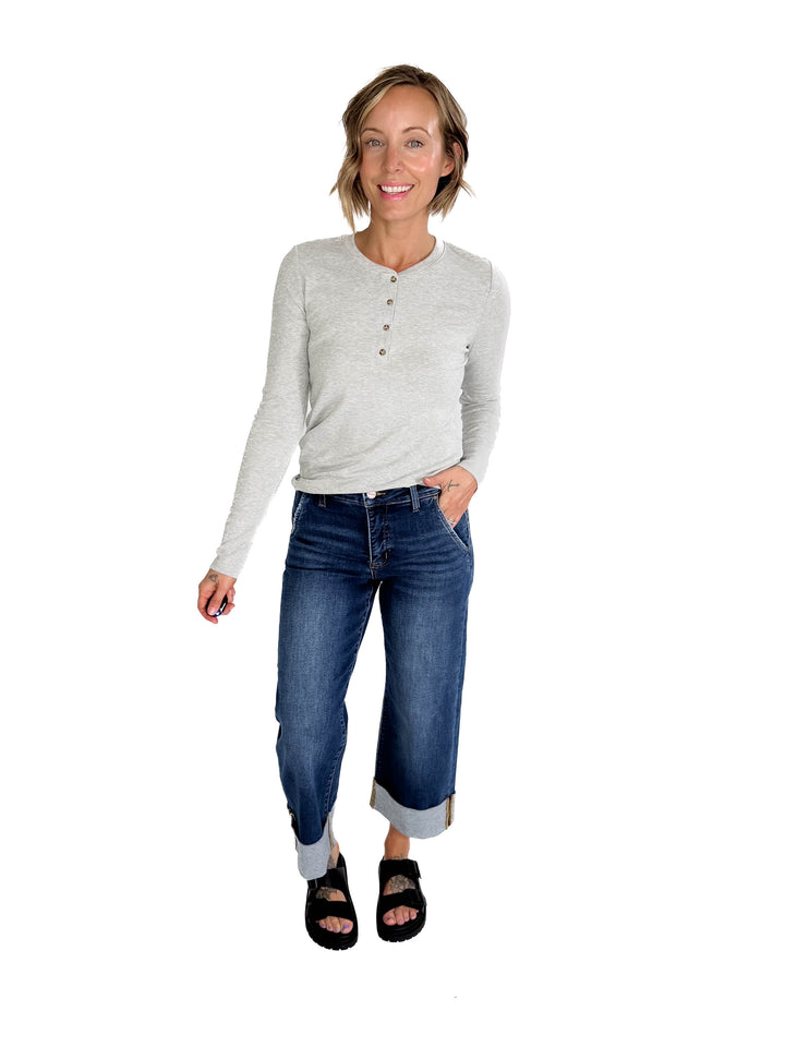 Macie Ultra Soft Long Sleeve Henley Top- HEATHER GREY