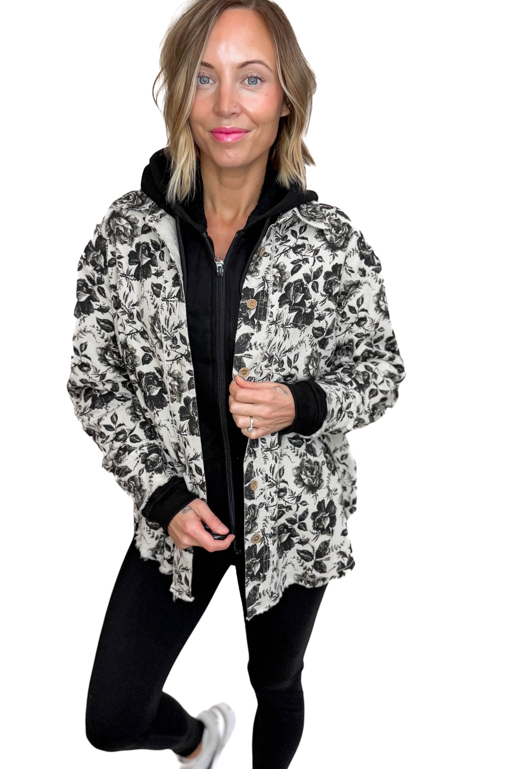 Rosette Vintage Rose Twill Shacket- GREY/BLACK