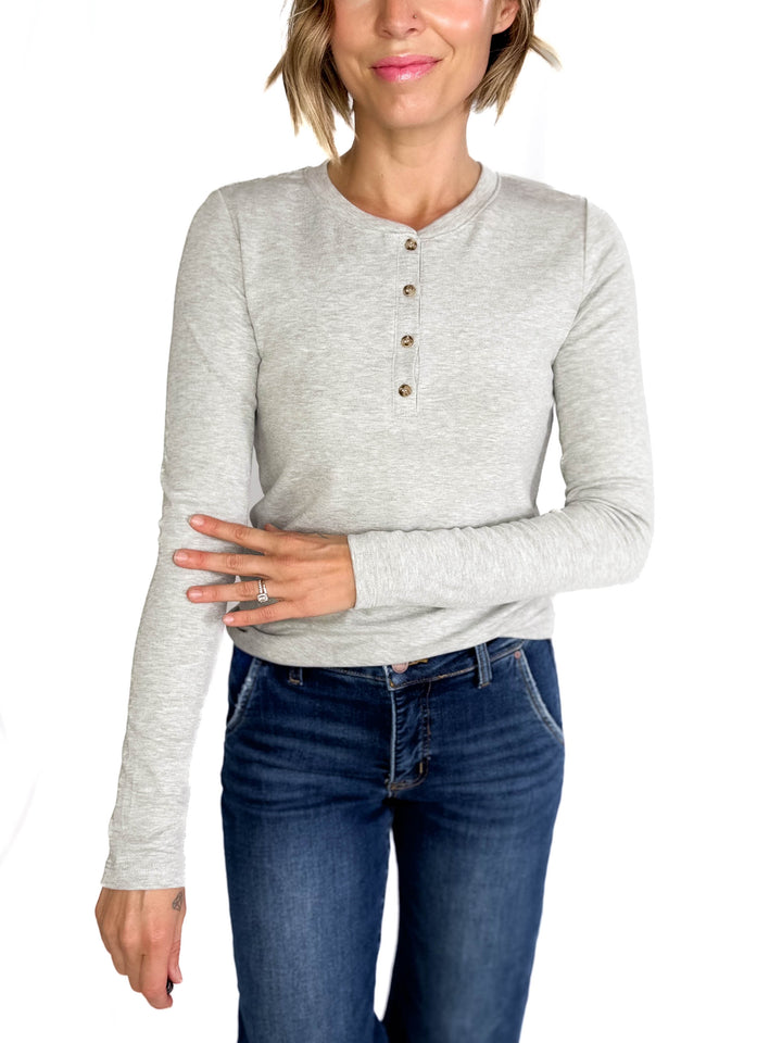 Macie Ultra Soft Long Sleeve Henley Top- HEATHER GREY