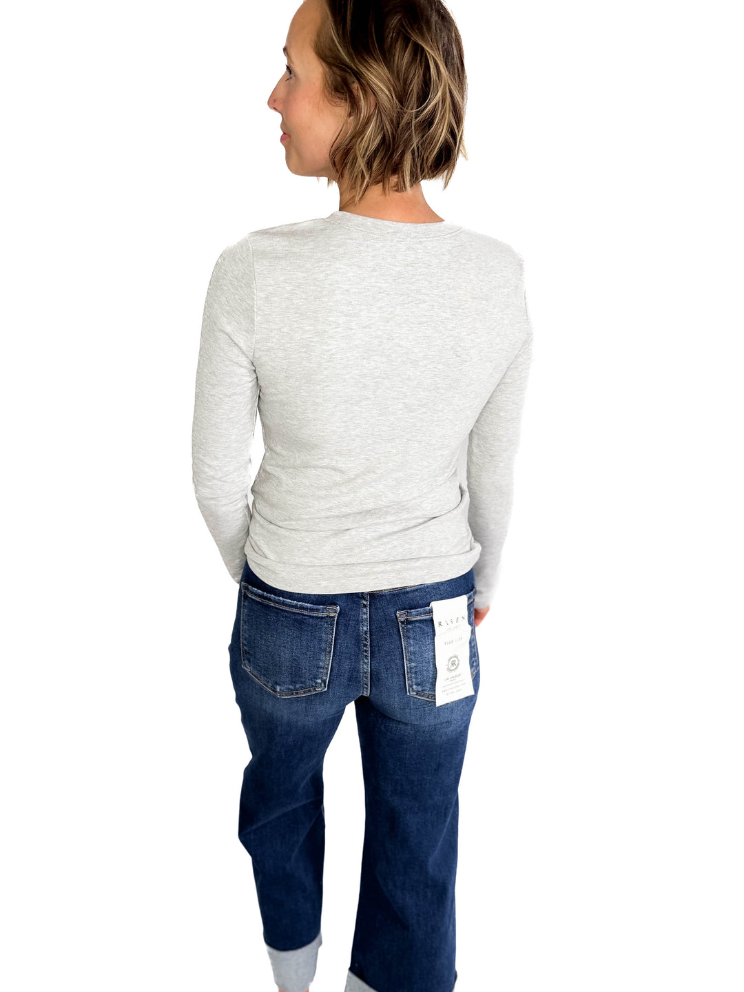 Macie Ultra Soft Long Sleeve Henley Top- HEATHER GREY