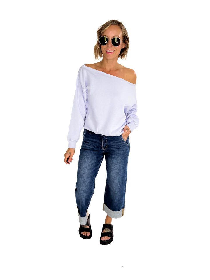 Janice Fleece Off Shoulder Top- IRIS