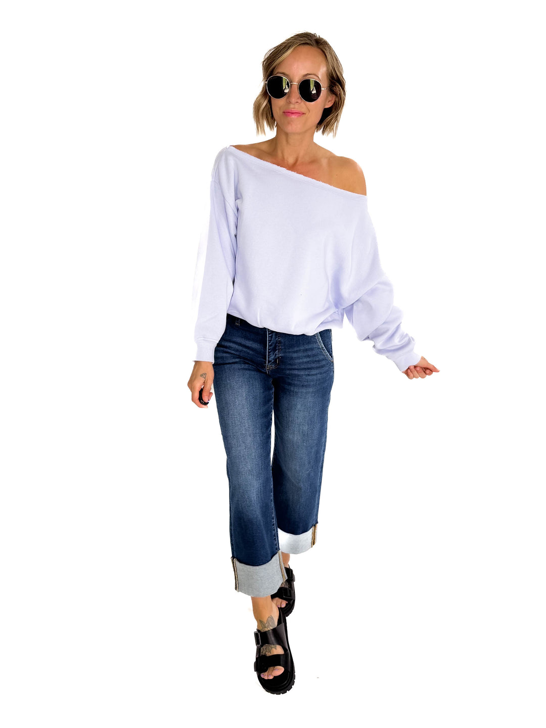 Janice Fleece Off Shoulder Top- IRIS