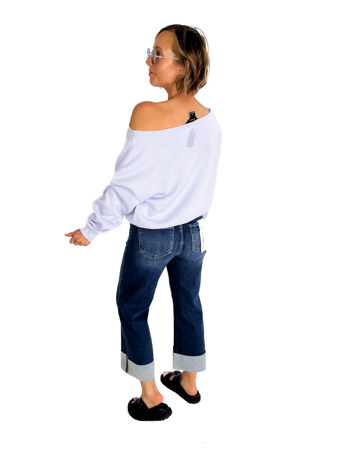 Janice Fleece Off Shoulder Top- IRIS
