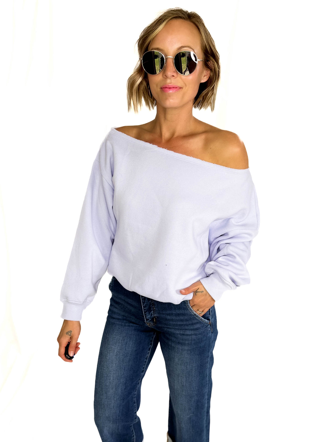 Janice Fleece Off Shoulder Top- IRIS