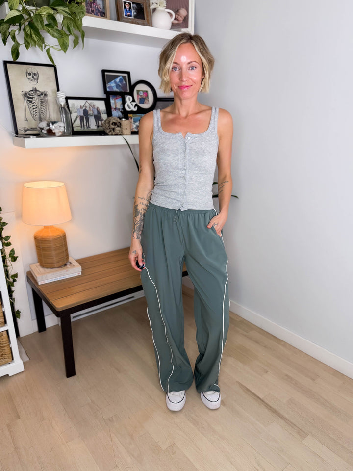 MONO B Laneway Curved Line Track Pants- EUCALYPTUS