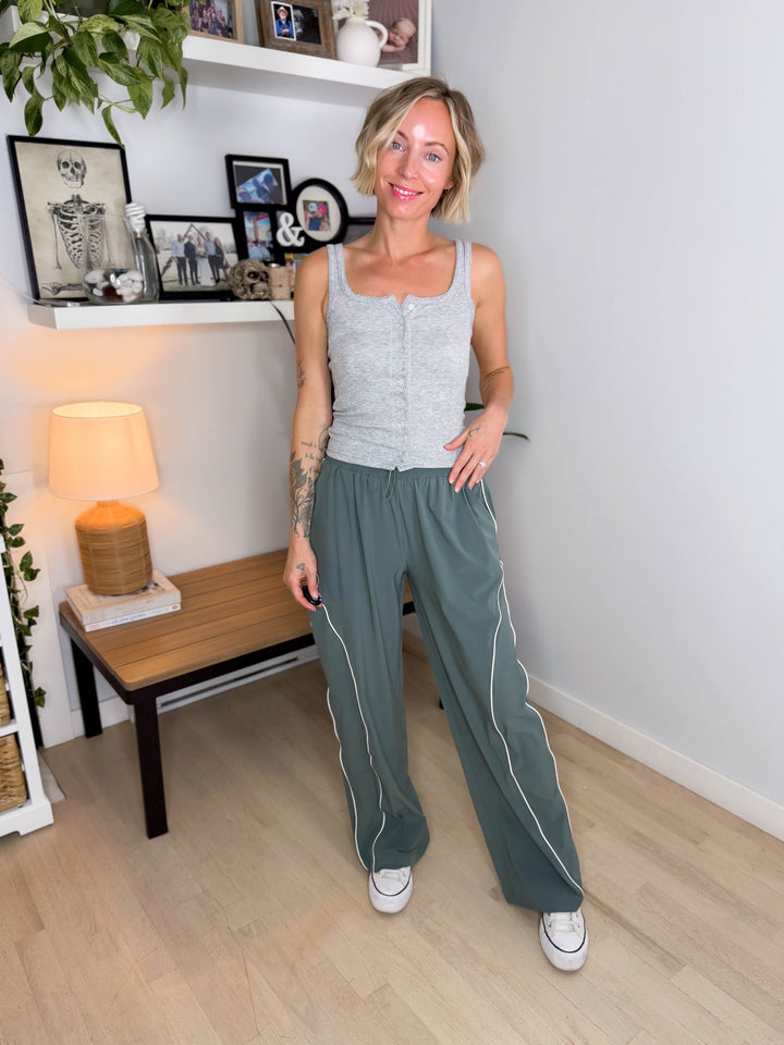 MONO B Laneway Curved Line Track Pants- EUCALYPTUS