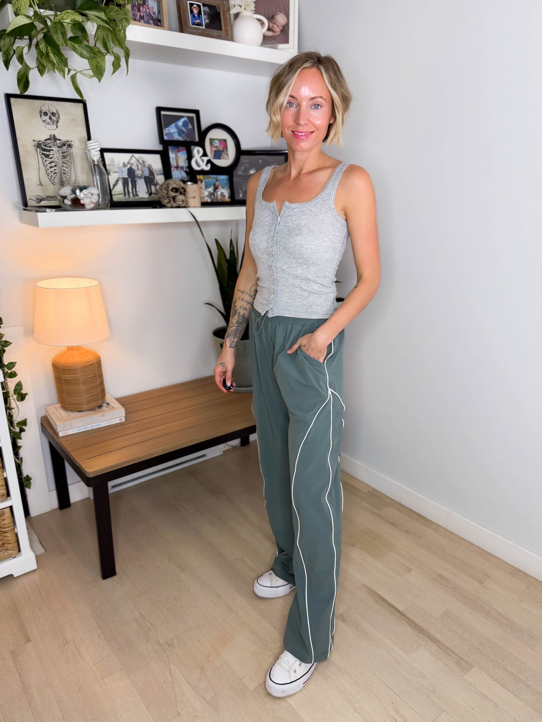 MONO B Laneway Curved Line Track Pants- EUCALYPTUS