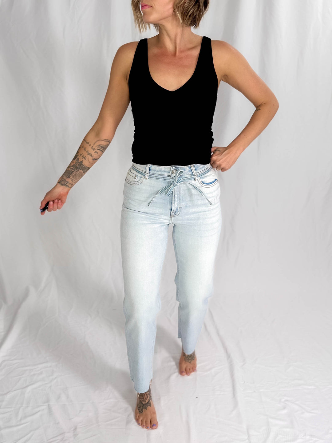HIDDEN Ella High Rise Straight Leg Tie Waist Jean- LIGHT-FINAL SALE