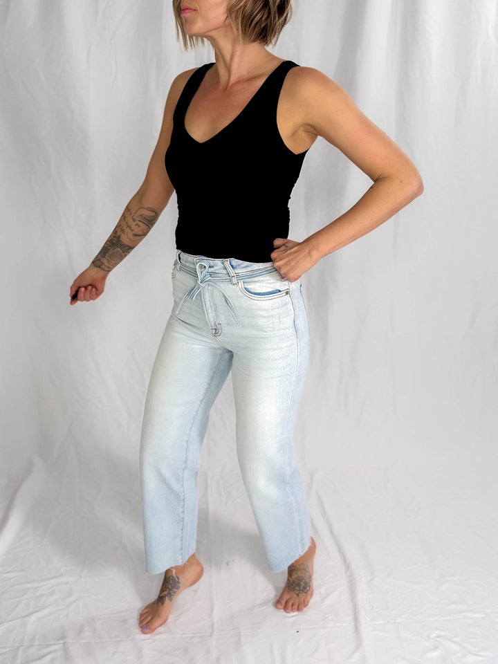 HIDDEN Ella High Rise Straight Leg Tie Waist Jean- LIGHT-FINAL SALE