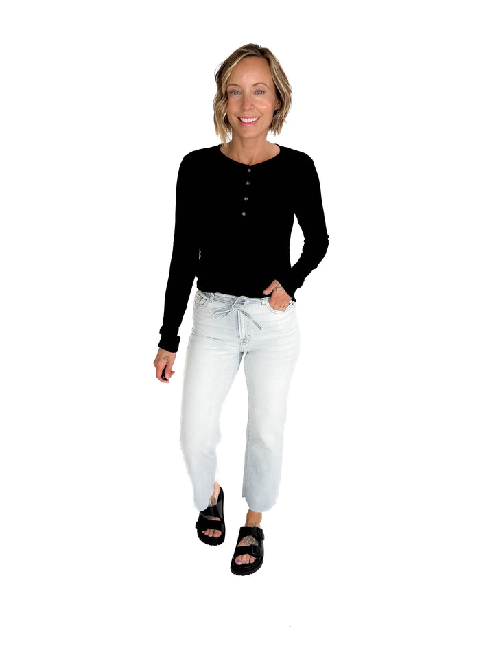 Macie Ultra Soft Long Sleeve Henley Top- BLACK