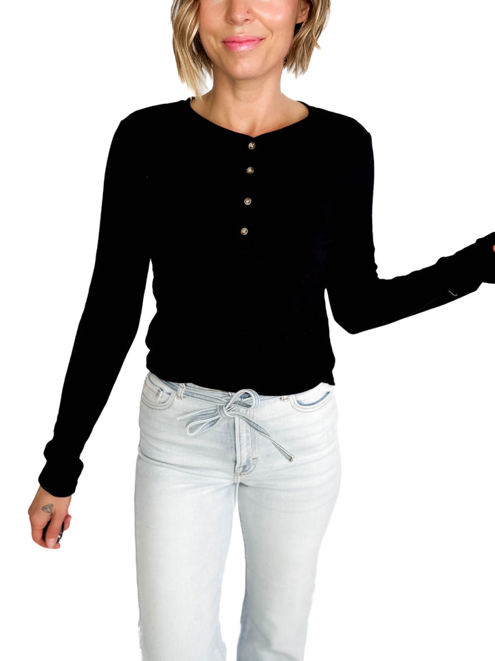 Macie Ultra Soft Long Sleeve Henley Top- BLACK