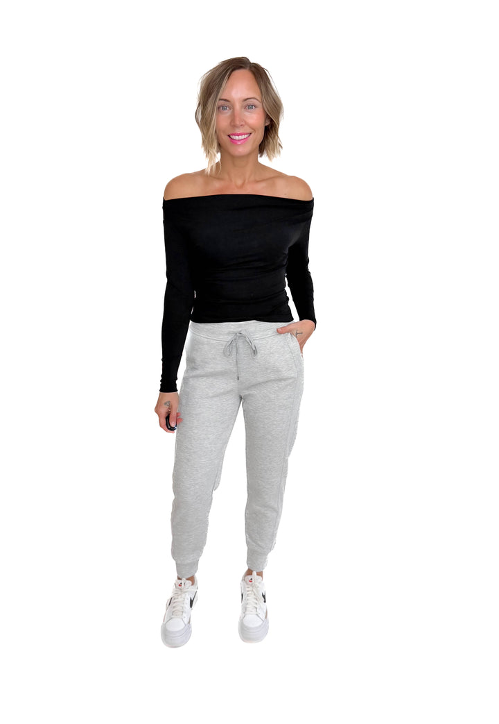 Ellen Boat Neck Pintuck Detail Long Sleeve Knit Top- BLACK