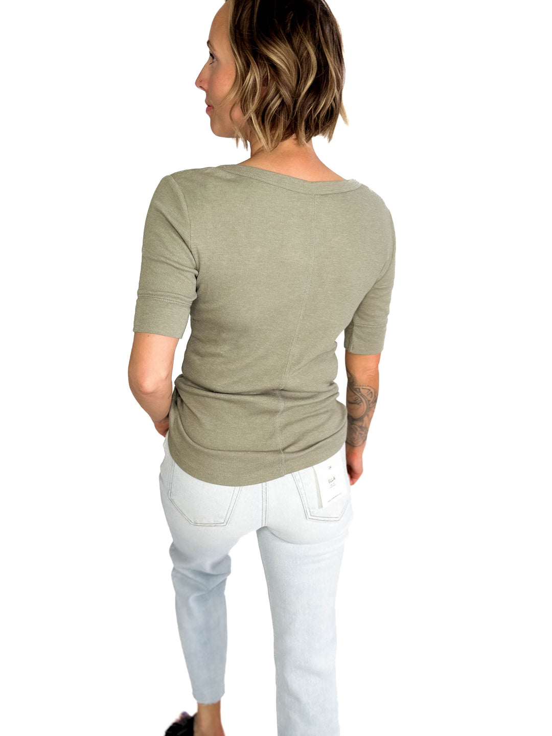 Melissa Ribbed 1/2 Sleeve Henley Top- OLIVE