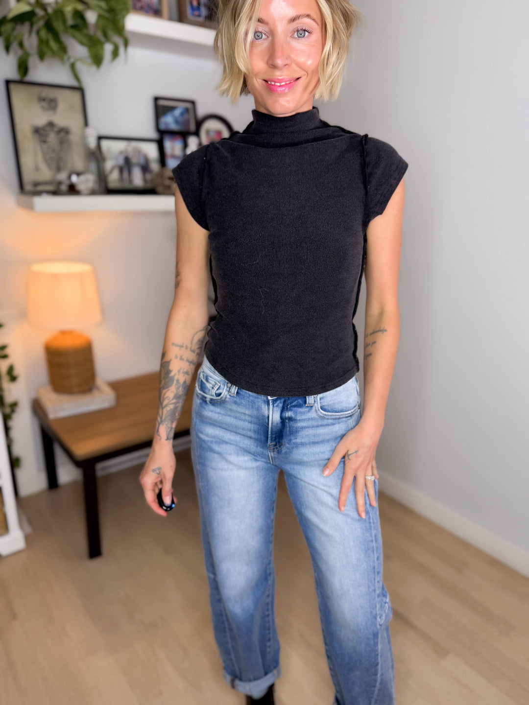 Daybreak Mockneck Rib Top- BLACK