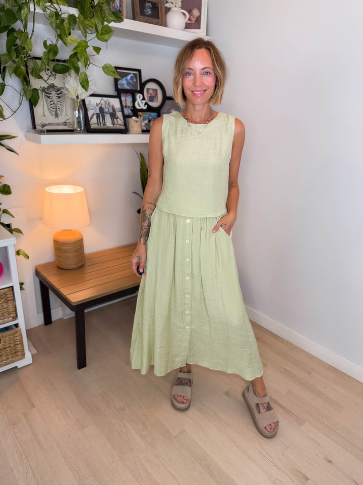 Pineapple Textured Button Skirt & Top Set- LIGHT OLIVE