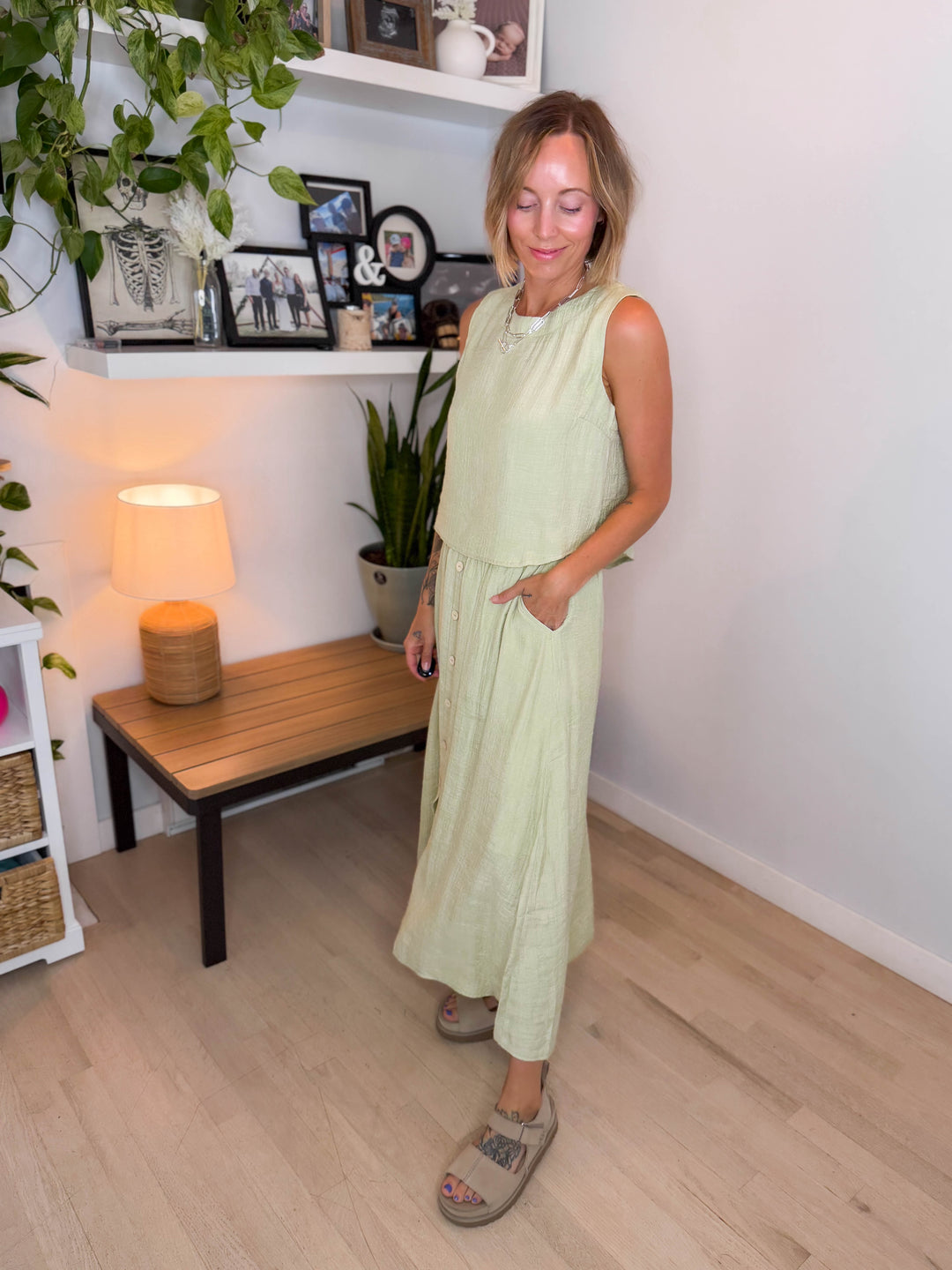 Pineapple Textured Button Skirt & Top Set- LIGHT OLIVE
