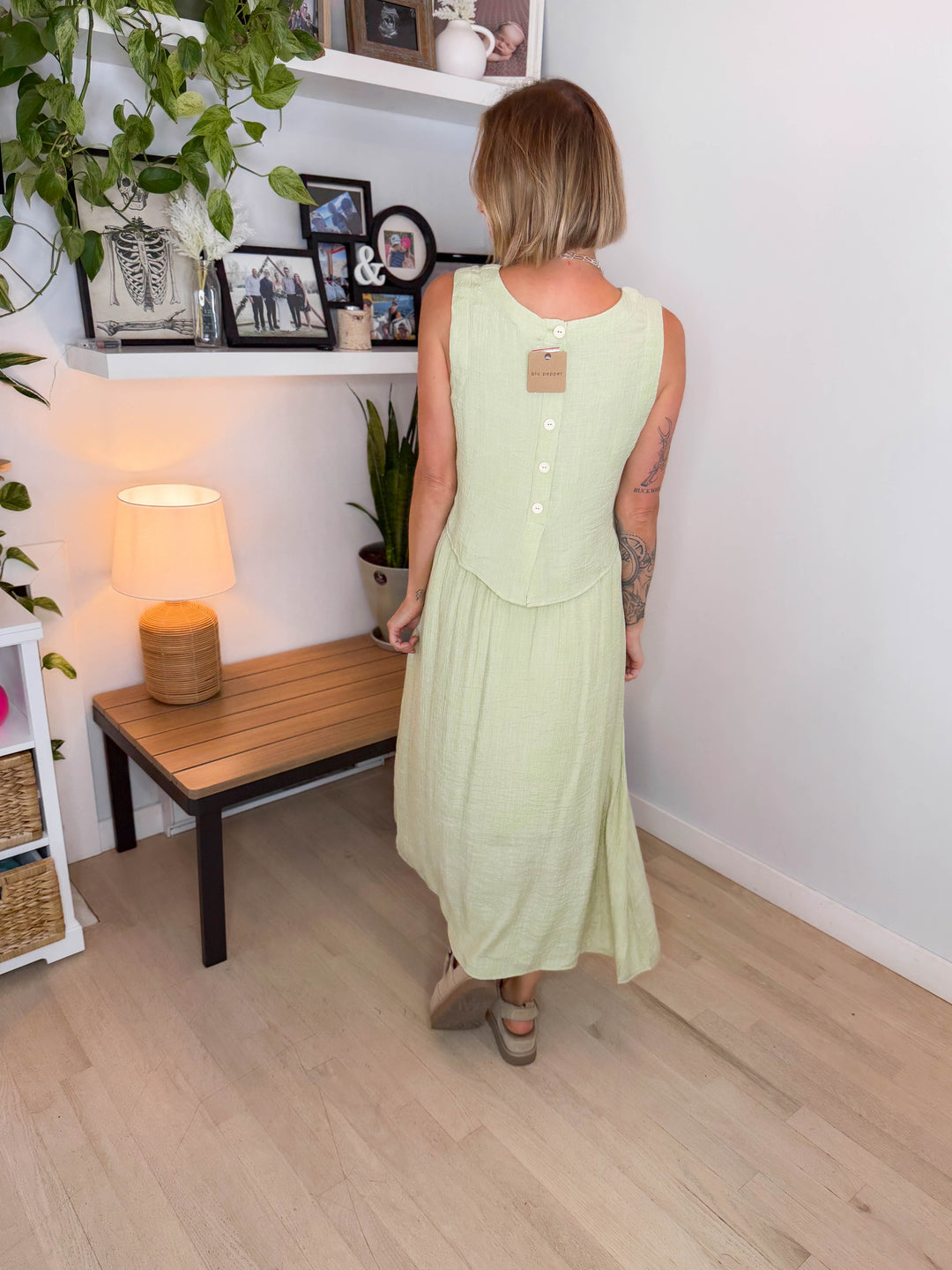 Pineapple Textured Button Skirt & Top Set- LIGHT OLIVE