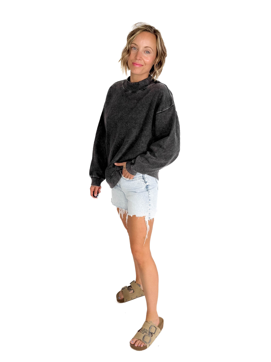 Nantucket Salt Wash Mock-Neck Pullover- SMOKE