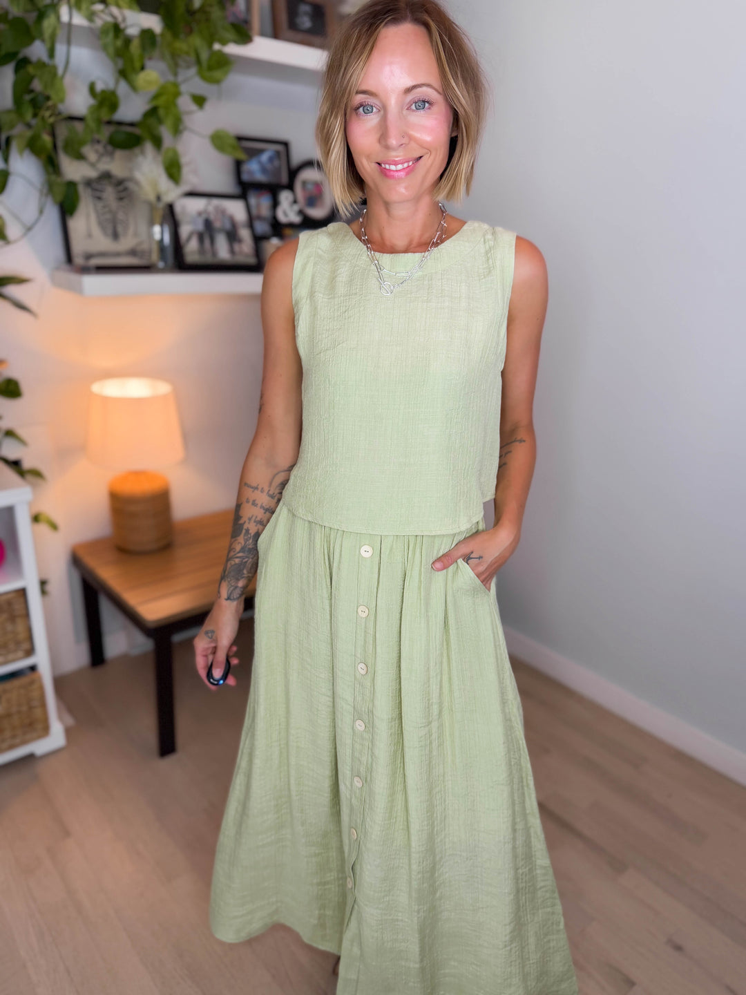 Pineapple Textured Button Skirt & Top Set- LIGHT OLIVE