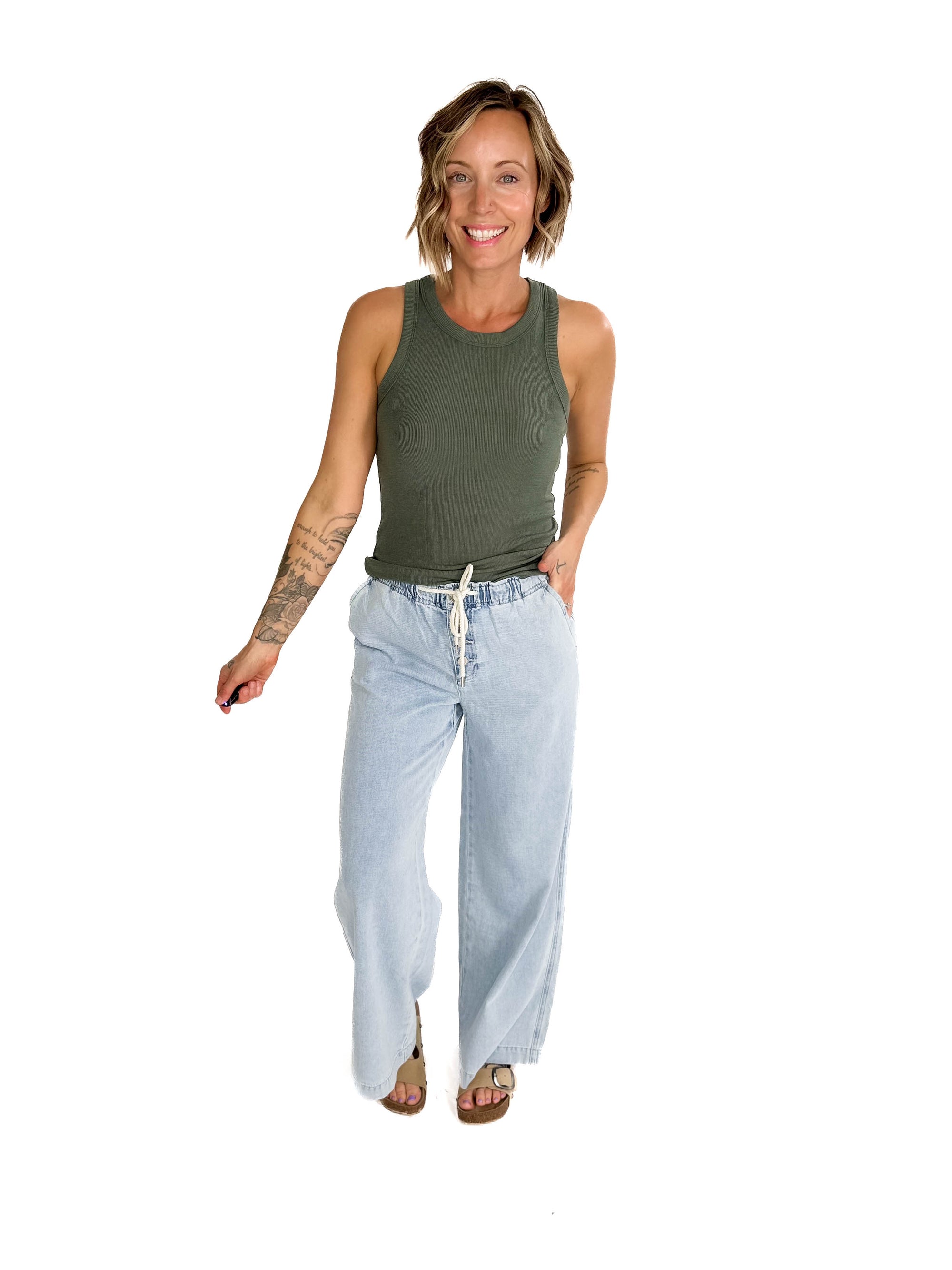 Beth Ribbed Tank Top- TEAL GREEN