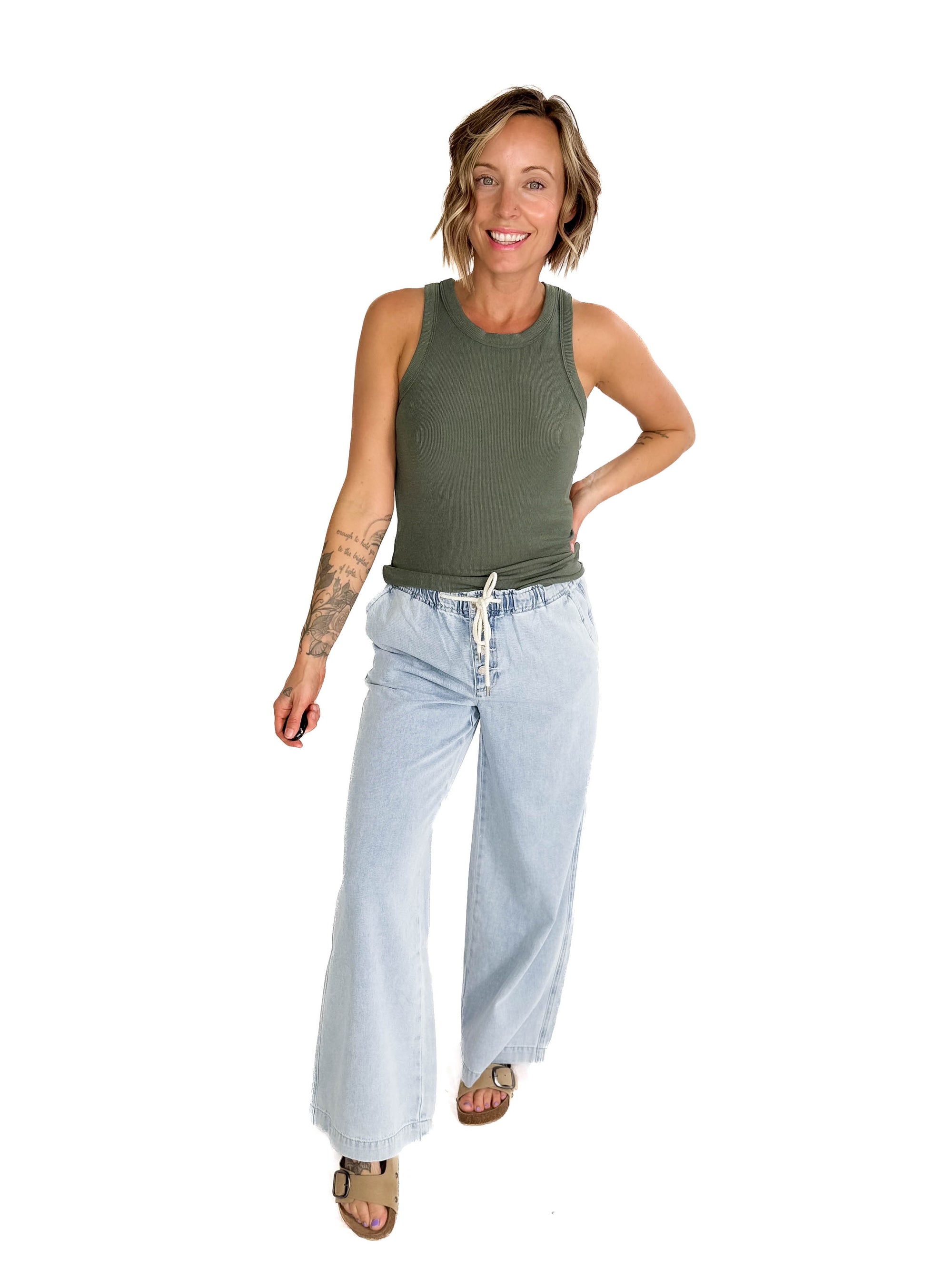 Beth Ribbed Tank Top- TEAL GREEN
