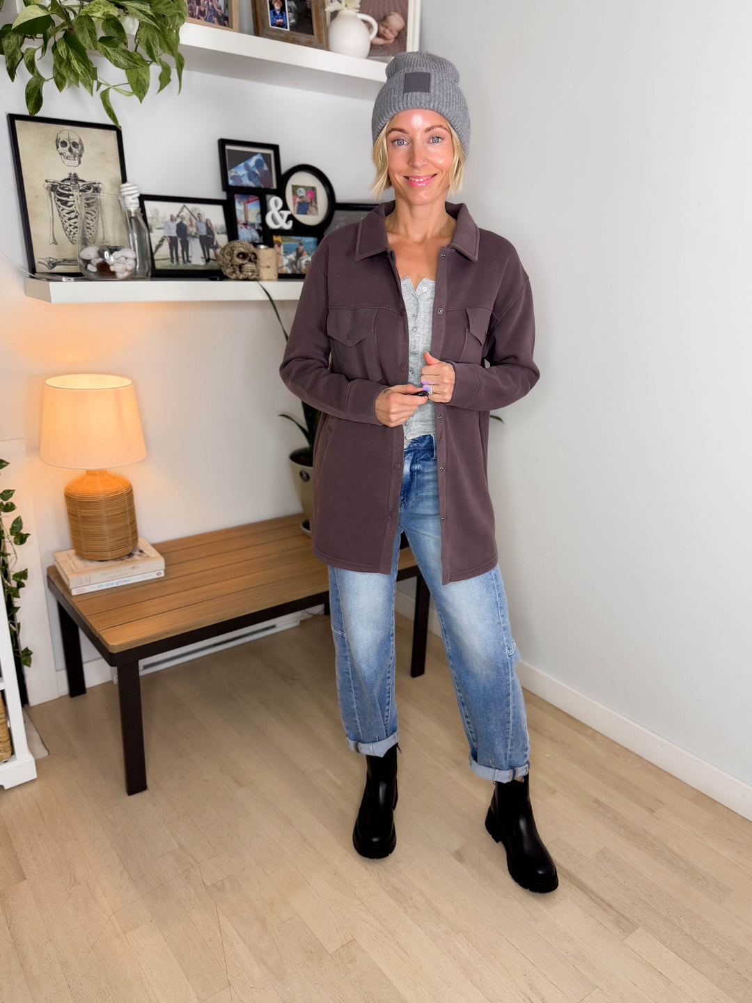 MONO B Valerie Snap on Shacket- COFFEE