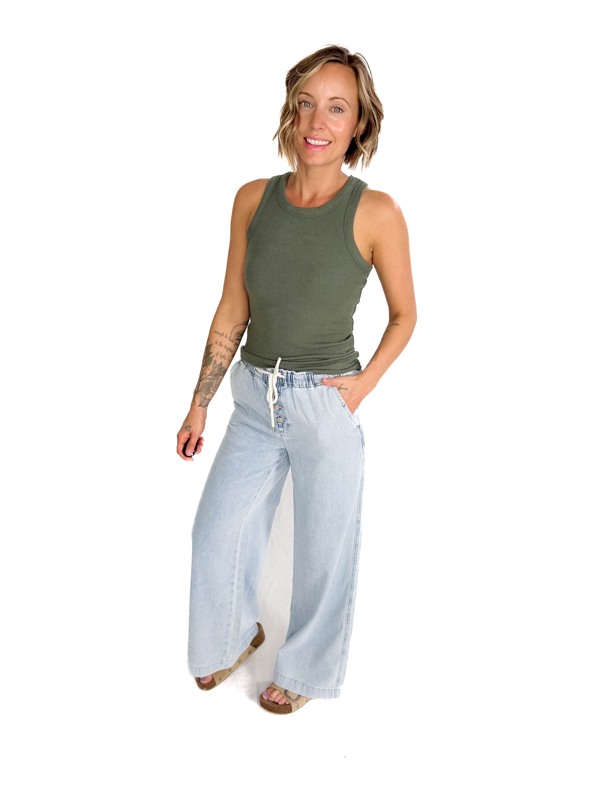 Beth Ribbed Tank Top- TEAL GREEN