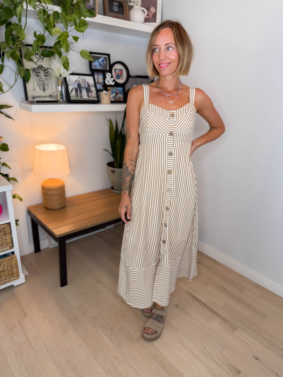 Magnolia Button Down Midi Dress- KHAKI