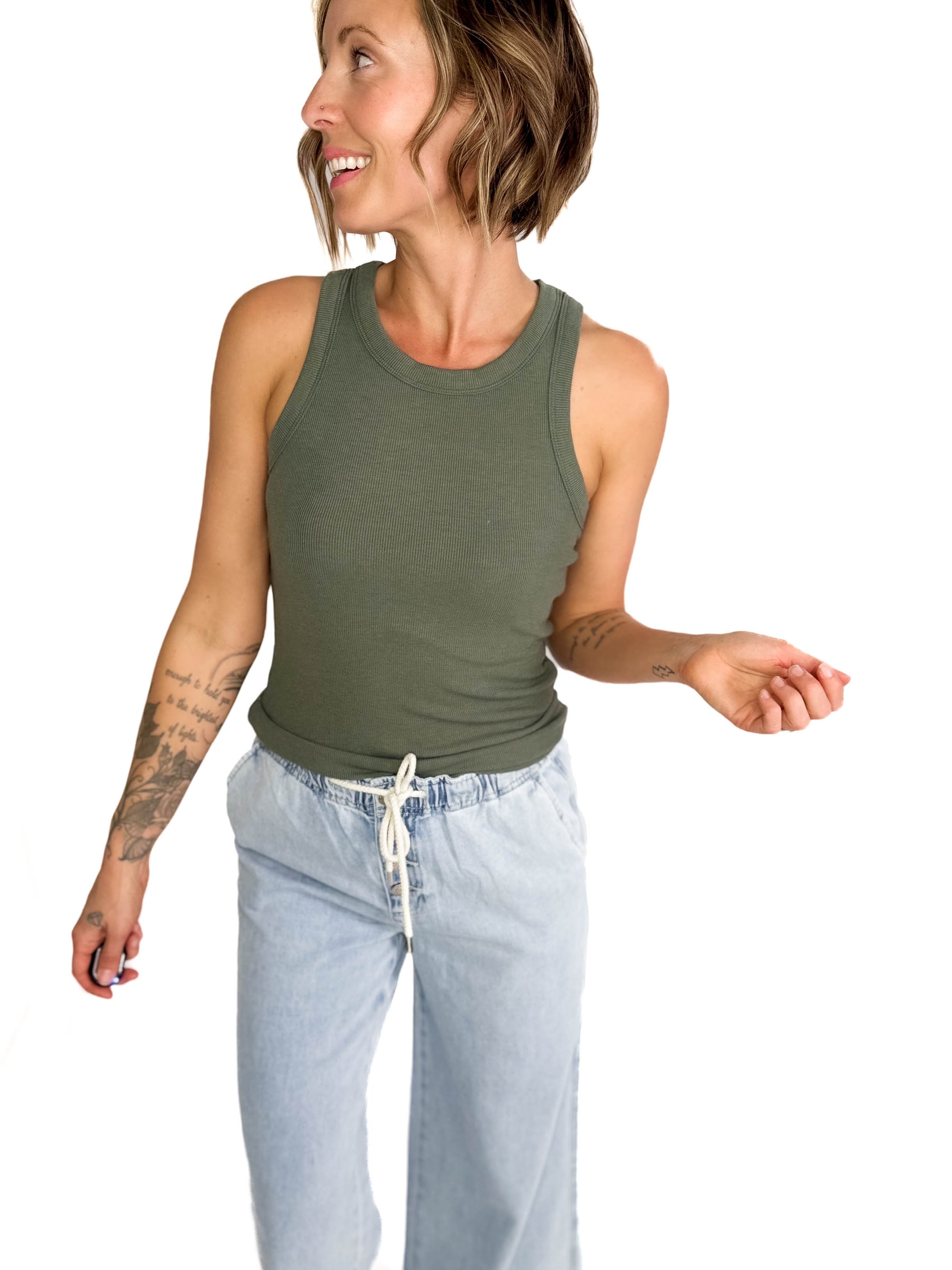 Beth Ribbed Tank Top- TEAL GREEN