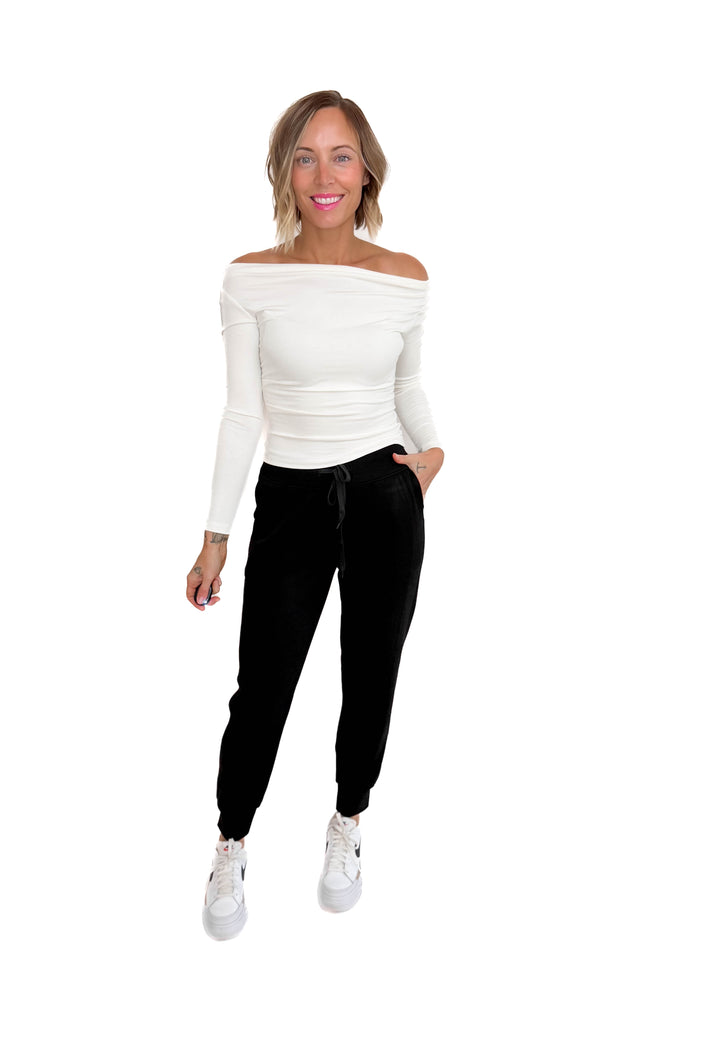 Ellen Boat Neck Pintuck Detail Long Sleeve Knit Top- IVORY