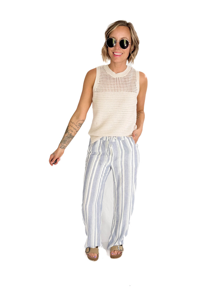 THREAD & SUPPLY Benny Linen Blend Pants- IVORY/BLUE-FINAL SALE