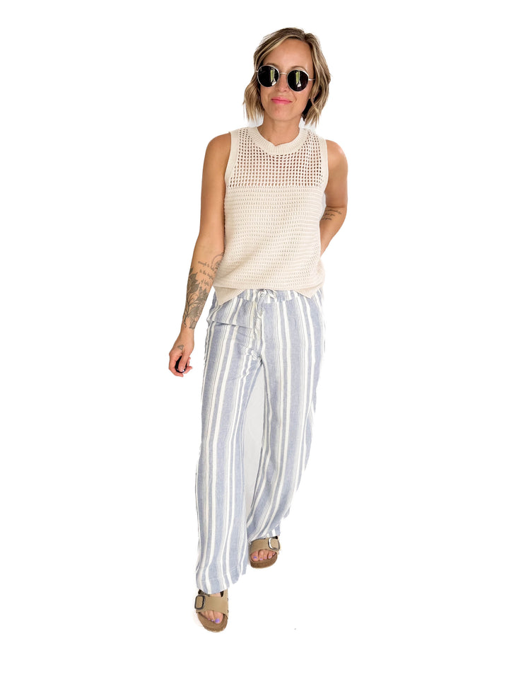 THREAD & SUPPLY Benny Linen Blend Pants- IVORY/BLUE-FINAL SALE