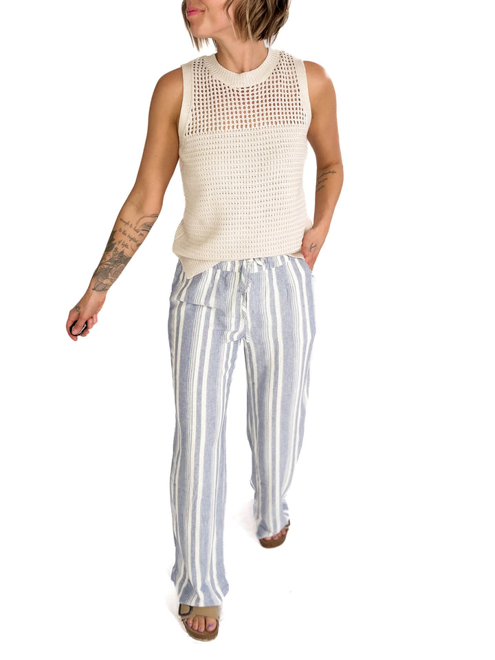 THREAD & SUPPLY Benny Linen Blend Pants- IVORY/BLUE-FINAL SALE