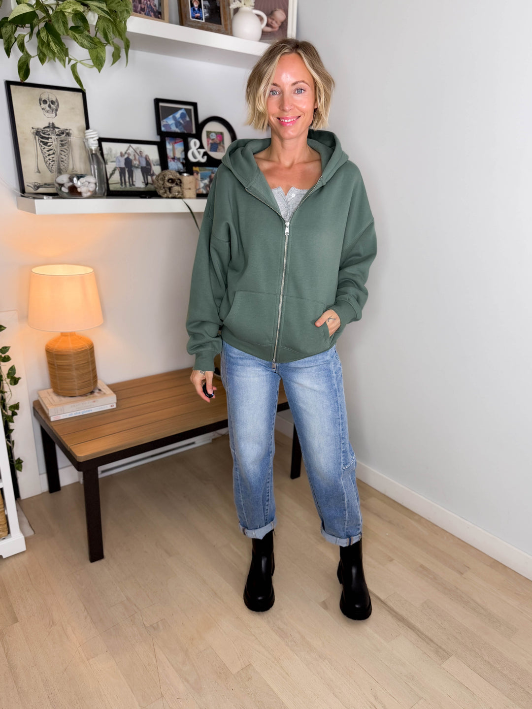 MONO B Slow Morning Fleece Zip Up Hoodie- EUCALYPTUS