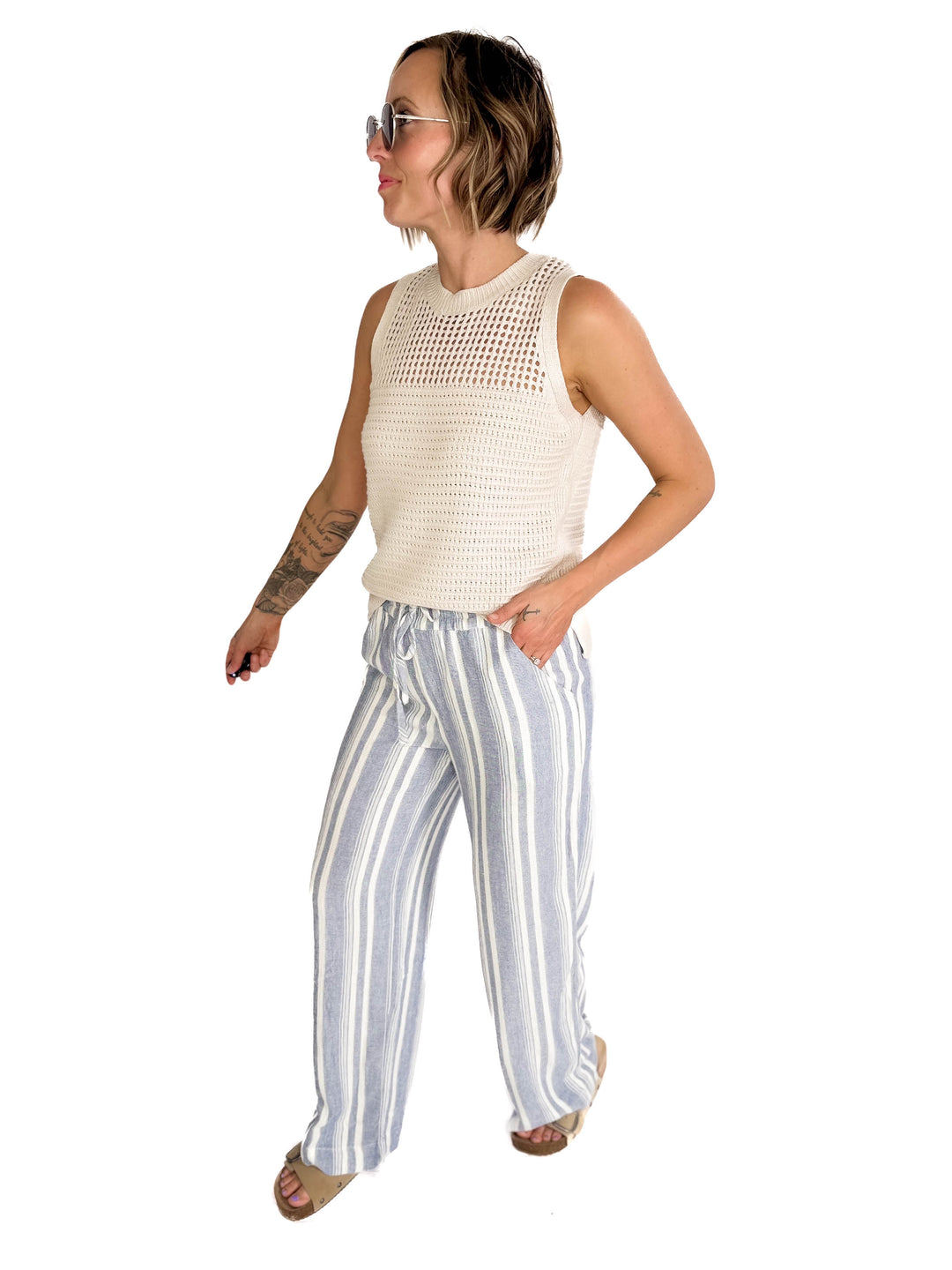 THREAD & SUPPLY Benny Linen Blend Pants- IVORY/BLUE-FINAL SALE