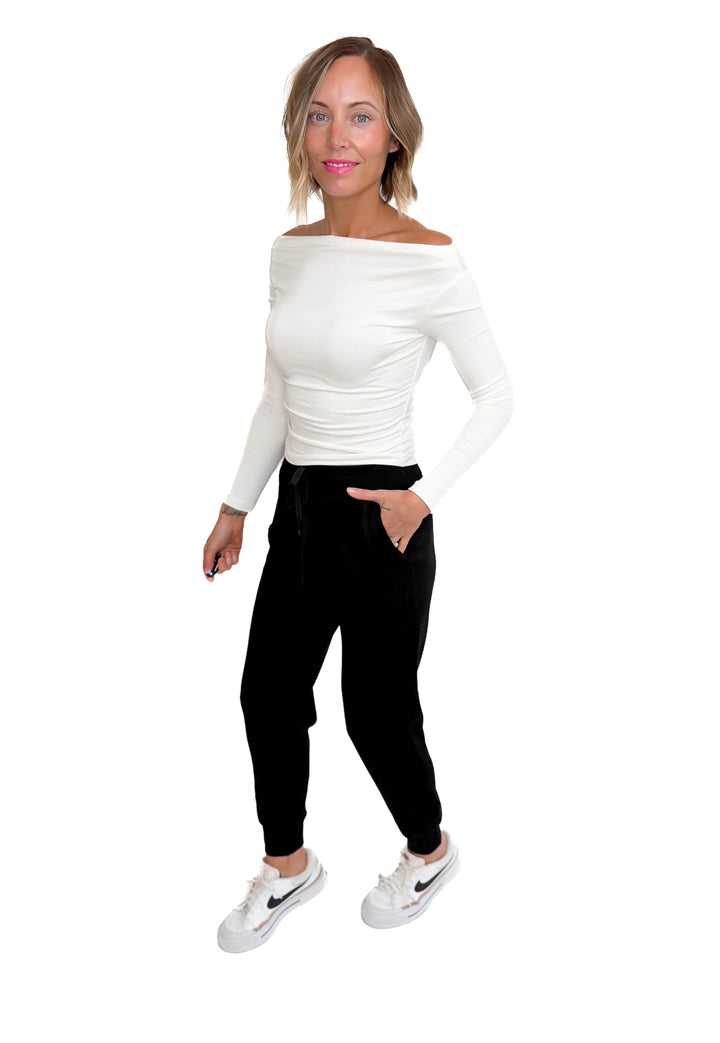 Ellen Boat Neck Pintuck Detail Long Sleeve Knit Top- IVORY