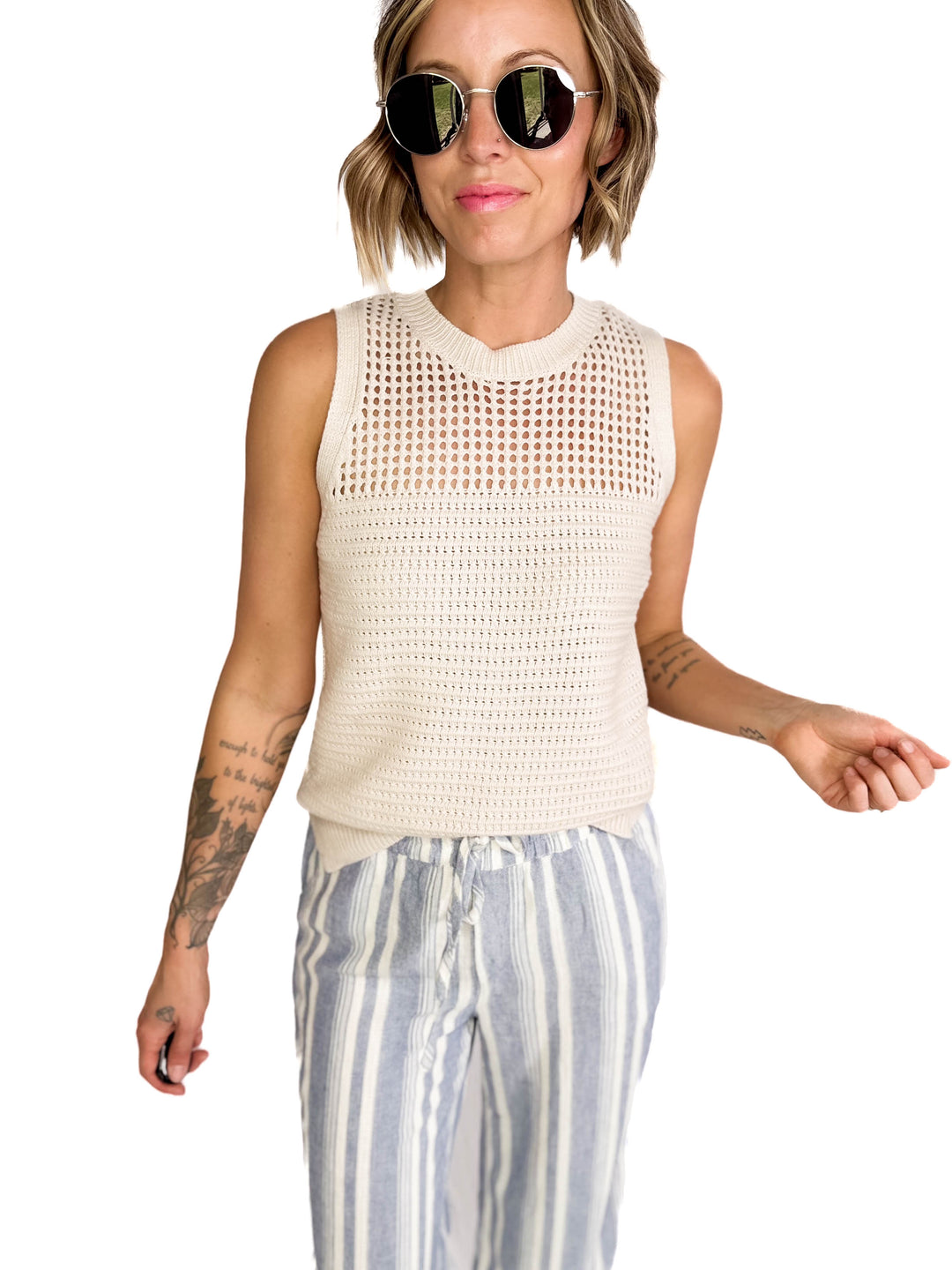 THREAD & SUPPLY Benny Linen Blend Pants- IVORY/BLUE-FINAL SALE