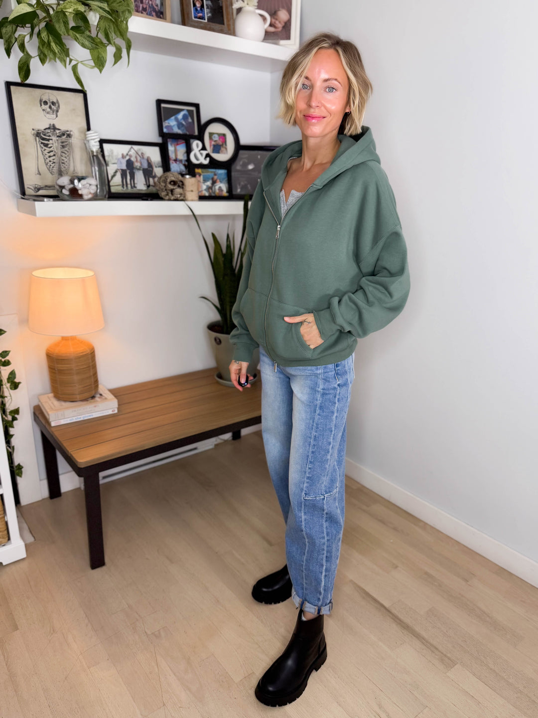 MONO B Slow Morning Fleece Zip Up Hoodie- EUCALYPTUS