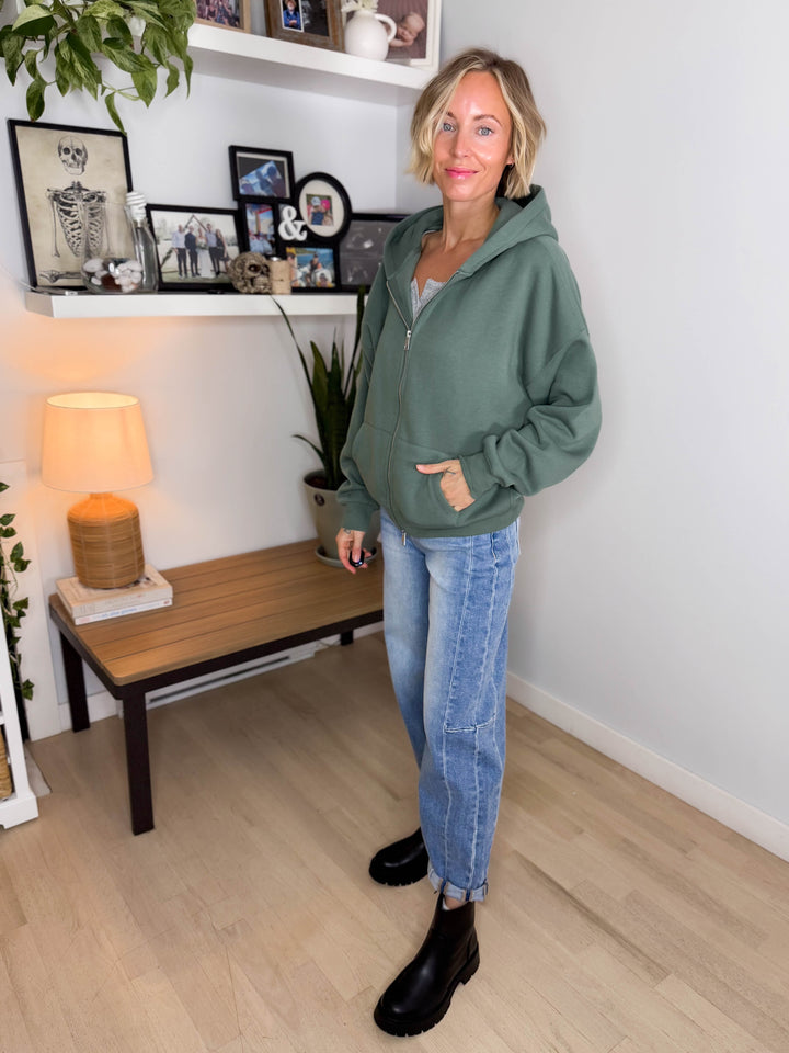 MONO B Slow Morning Fleece Zip Up Hoodie- EUCALYPTUS