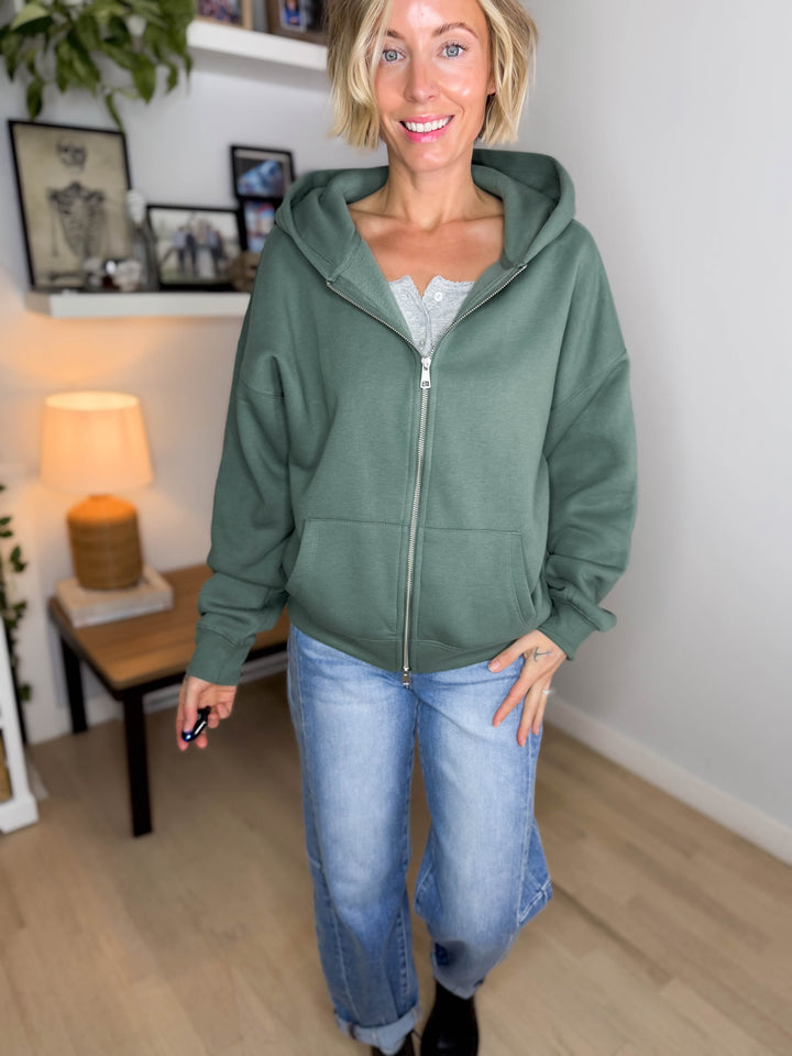 MONO B Slow Morning Fleece Zip Up Hoodie- EUCALYPTUS