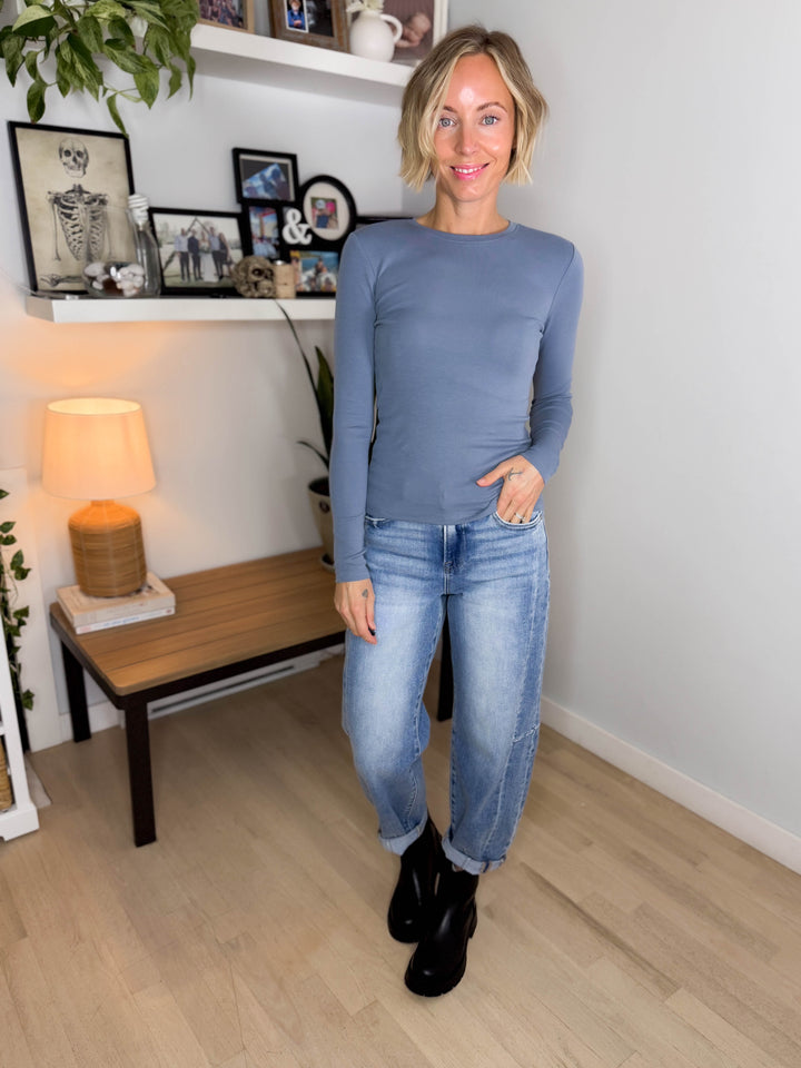 Only Riley Organic Cotton Long Sleeve Top- FLINT STONE
