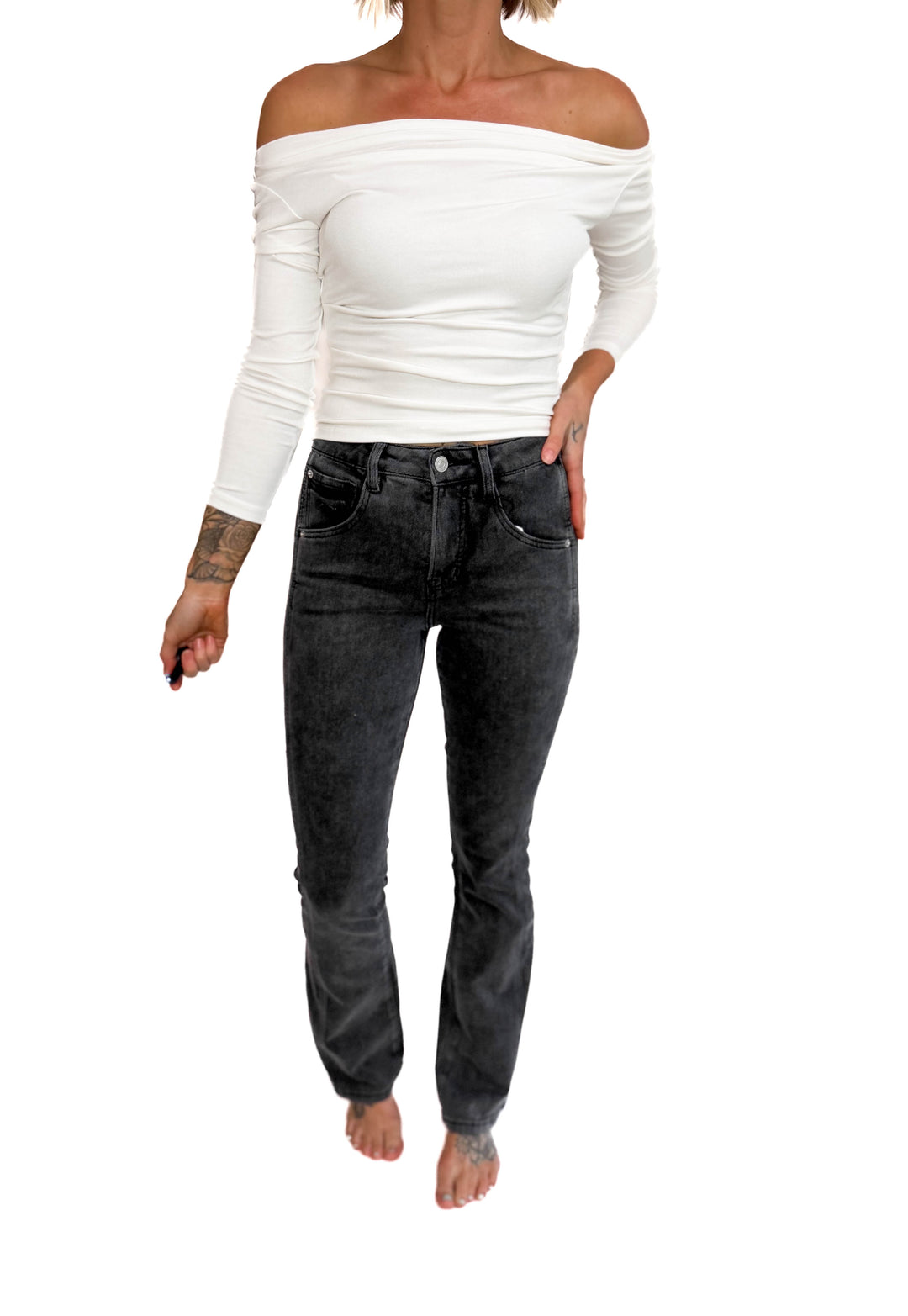 Mica Ria High Rise Bootcut Side Panel Tummy Tuck Jeans- MATTE BLACK