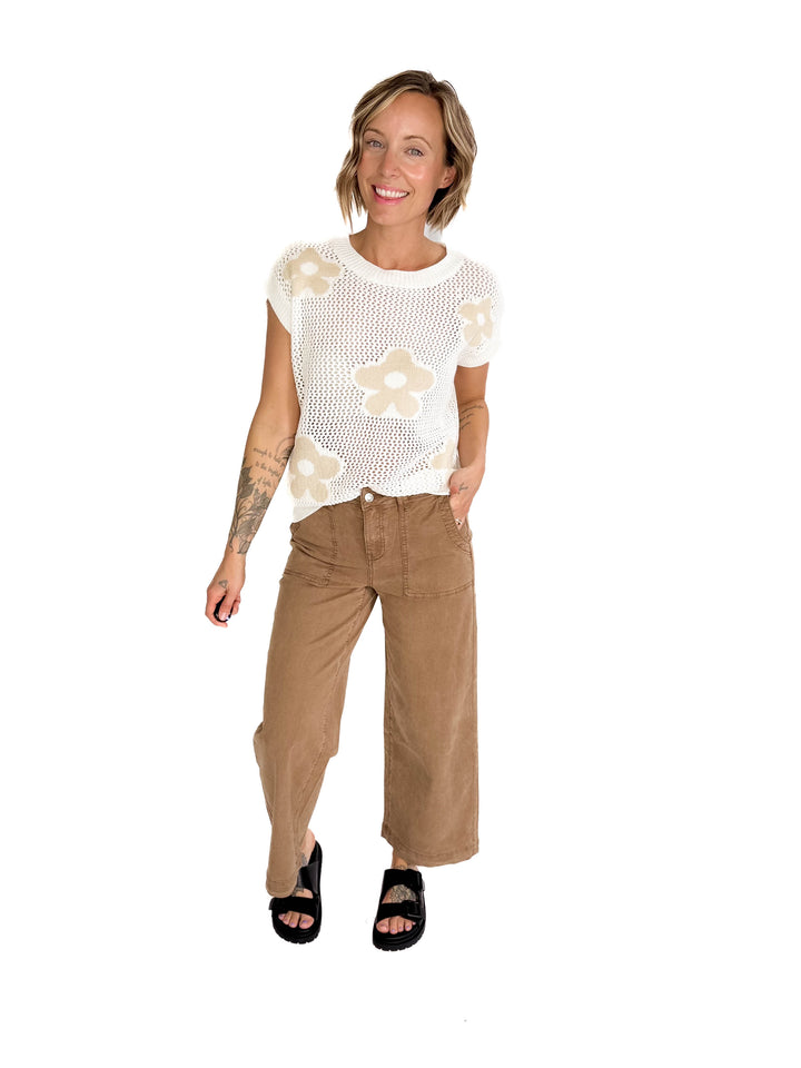 Torie Short Sleeve Floral Fish Net Pullover- OFF WHITE-FINAL SALE