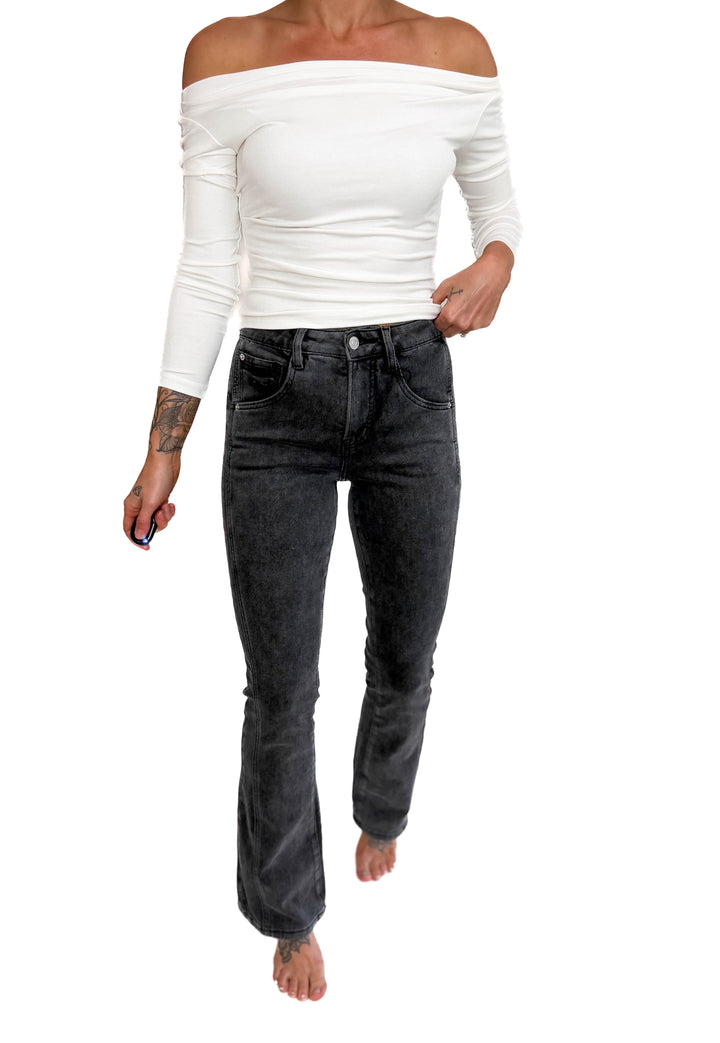 Mica Ria High Rise Bootcut Side Panel Tummy Tuck Jeans- MATTE BLACK