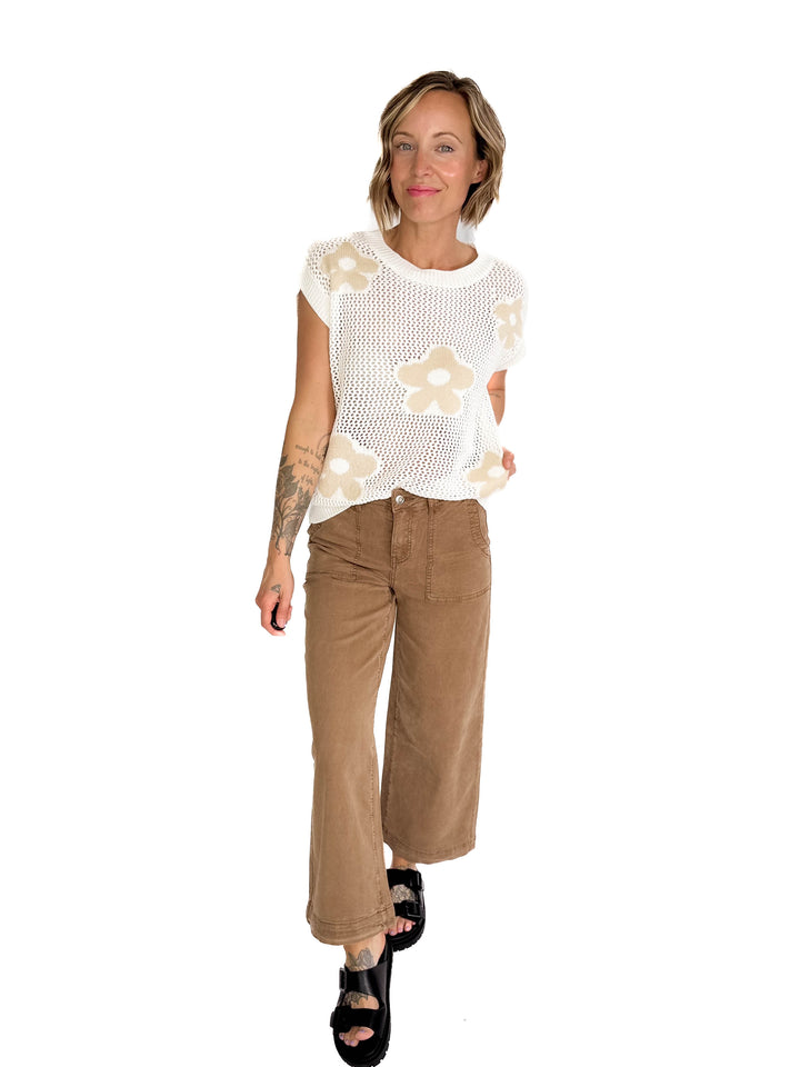 Torie Short Sleeve Floral Fish Net Pullover- OFF WHITE-FINAL SALE