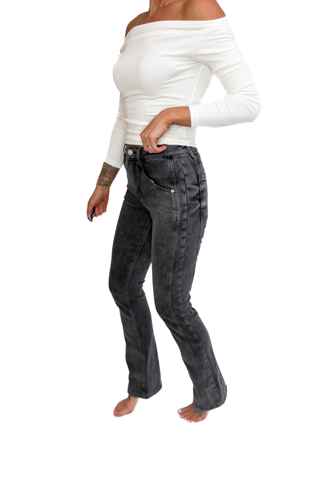 Mica Ria High Rise Bootcut Side Panel Tummy Tuck Jeans- MATTE BLACK