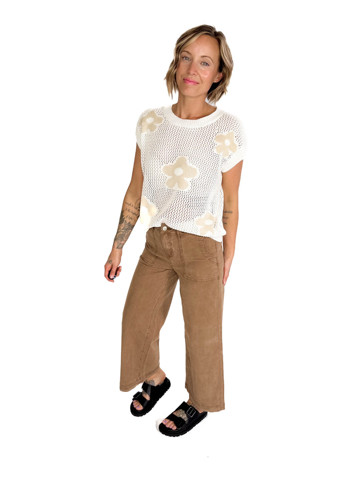 Torie Short Sleeve Floral Fish Net Pullover- OFF WHITE-FINAL SALE