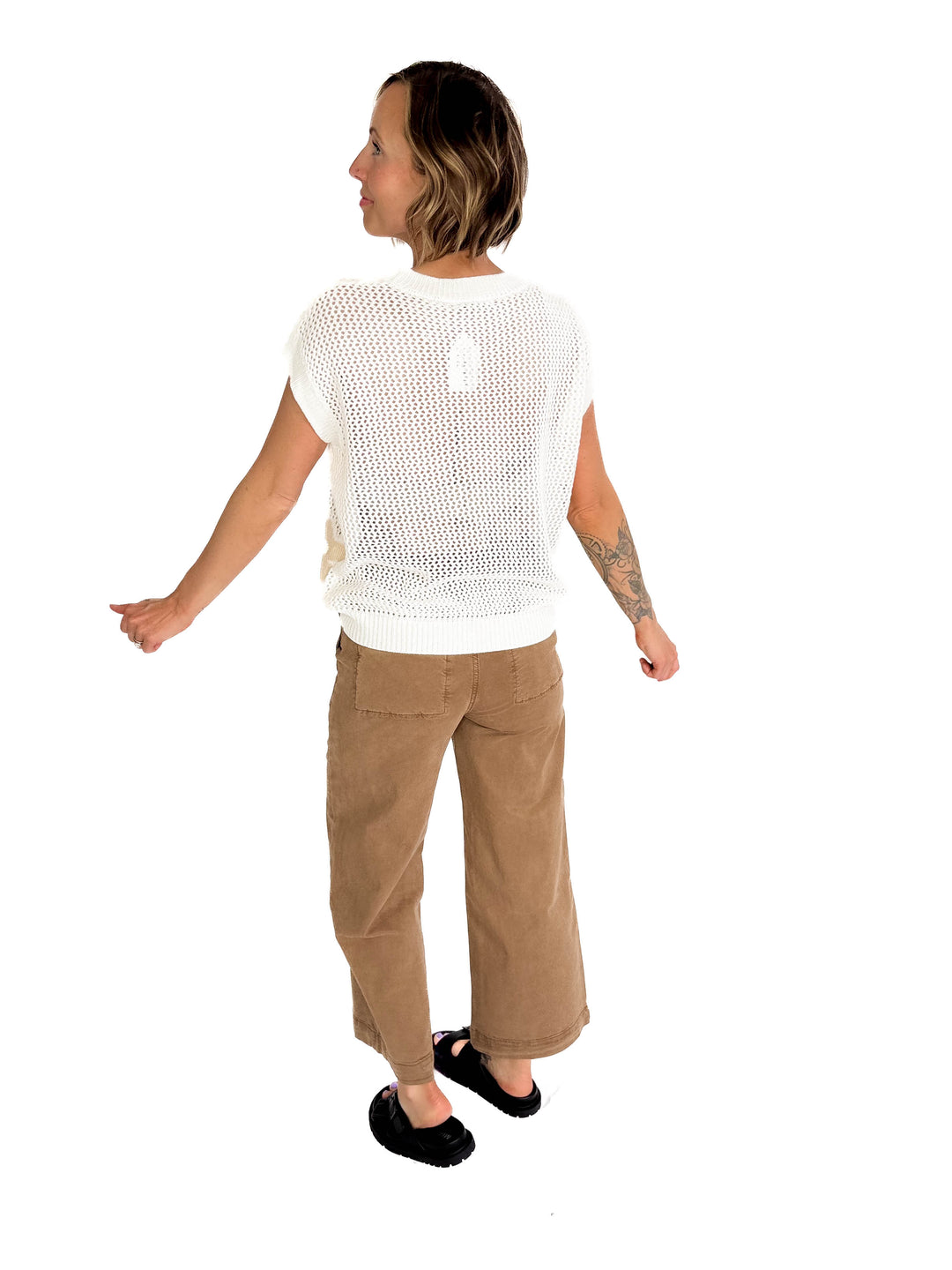 Torie Short Sleeve Floral Fish Net Pullover- OFF WHITE-FINAL SALE