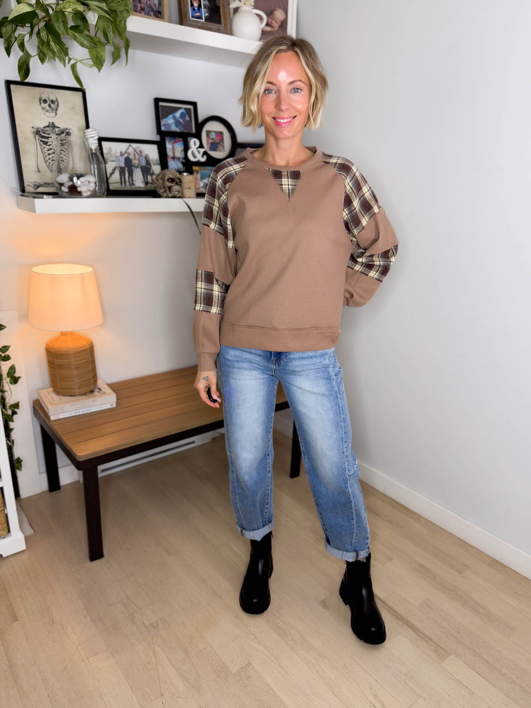 Grove Crew Neck Plaid Thermal Long Sleeve- TAUPE